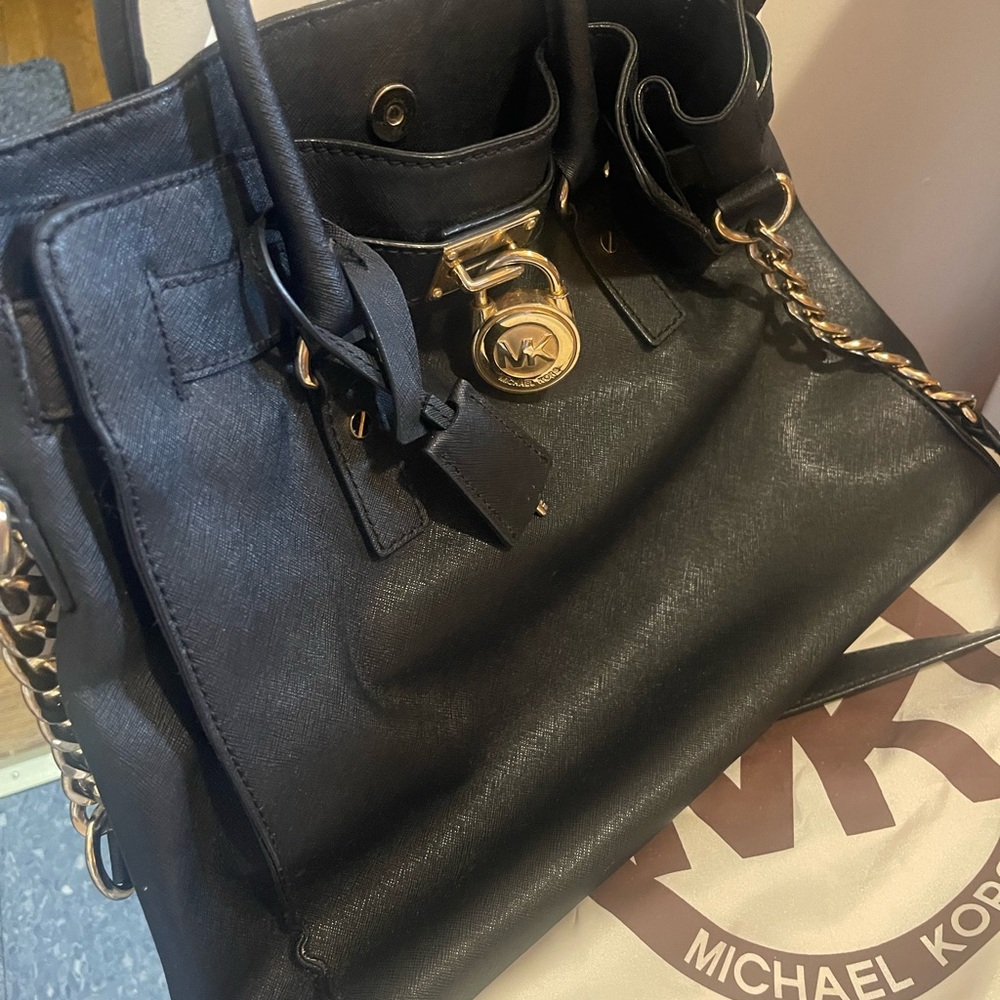 Michael Kors Large Black Leather Hamilton Bag W/ Gold Accents & MK Dust Bag